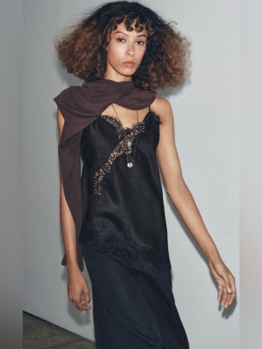 Zara Lace Camisole Top Asymmetrical Hem V-Neck Black Medium NWT